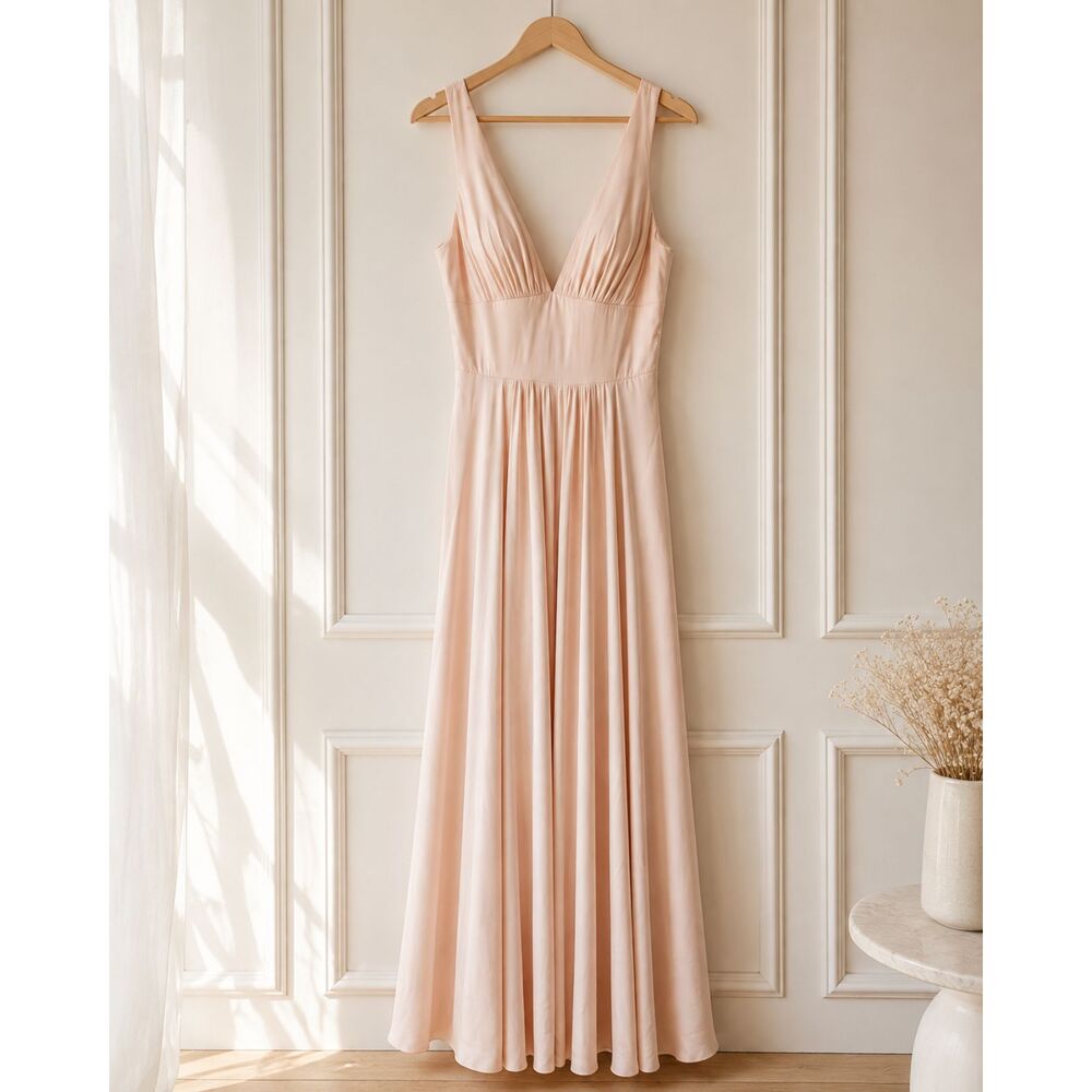 Cinderella Divine Champagne Satin Formal Gown Size 6 Deep V Slit Maxi Dress